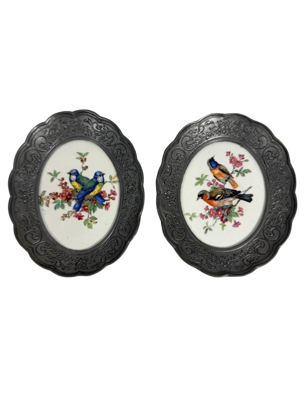 VTG Bassano Hand Painted Birds Flowers Ceramics Ornate Pewter Wall Frames ITALY